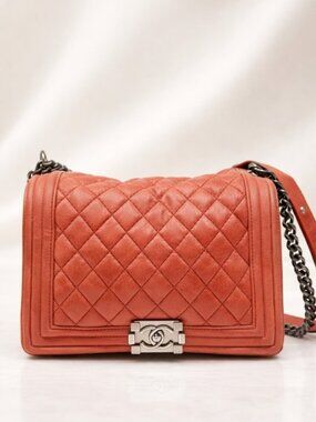 Authentic Chanel Boy Bag Coral Quilted Leather Shoulder Luxury Designer Bag